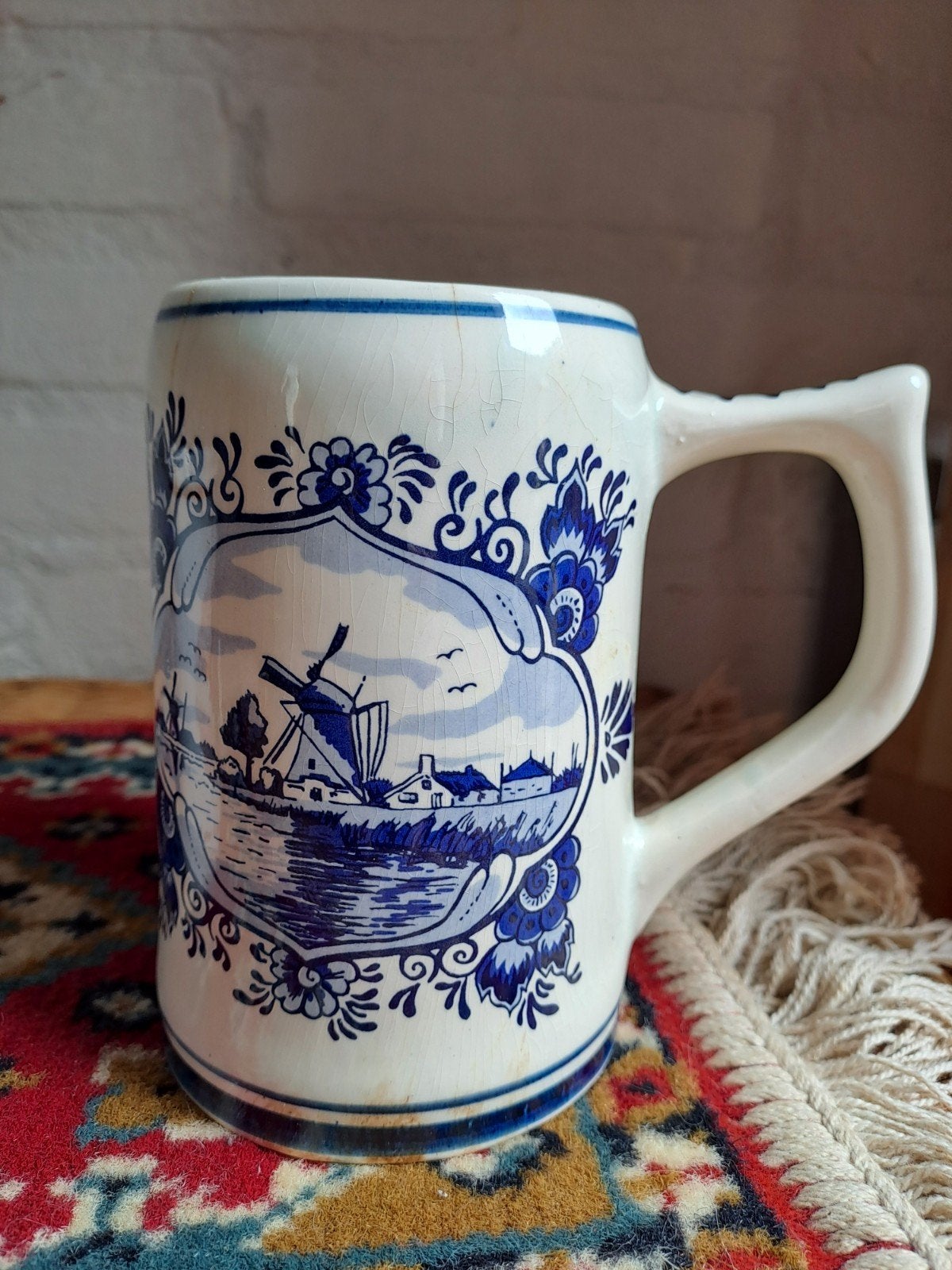 Vintage Delfts Blauw Bierpul met Molenlandschap, Ophalen of Verzenden