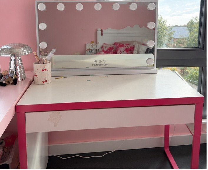 Bureau met lade, kastje en bureaustoel - Roze/Wit, Huis en Inrichting, Ophalen, Gebruikt, Roze, Kinderbureau