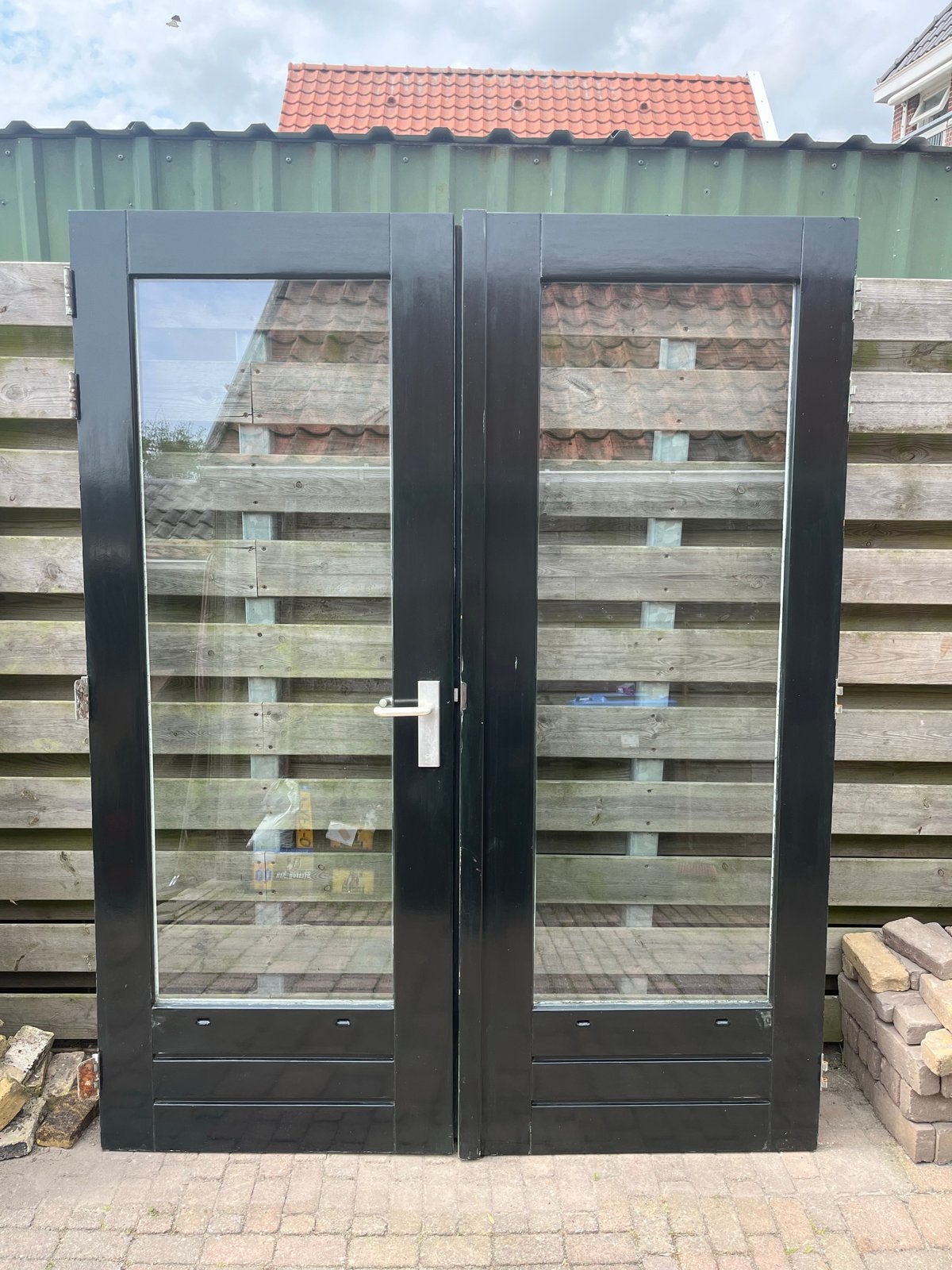 Set van 2 Buitendeuren met Glas - Zwart/Grijs, Ophalen, Gebruikt, 80 tot 100 cm, Buitendeur