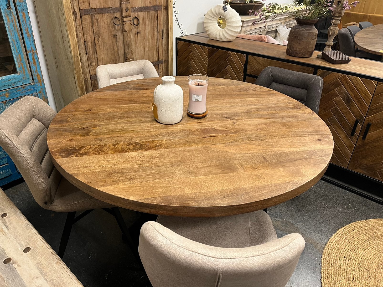 Magazijn leegverkoop ronde eettafel mangohout matrix, Hout, Nieuw, Ophalen of Verzenden, Info@wkhome.nl