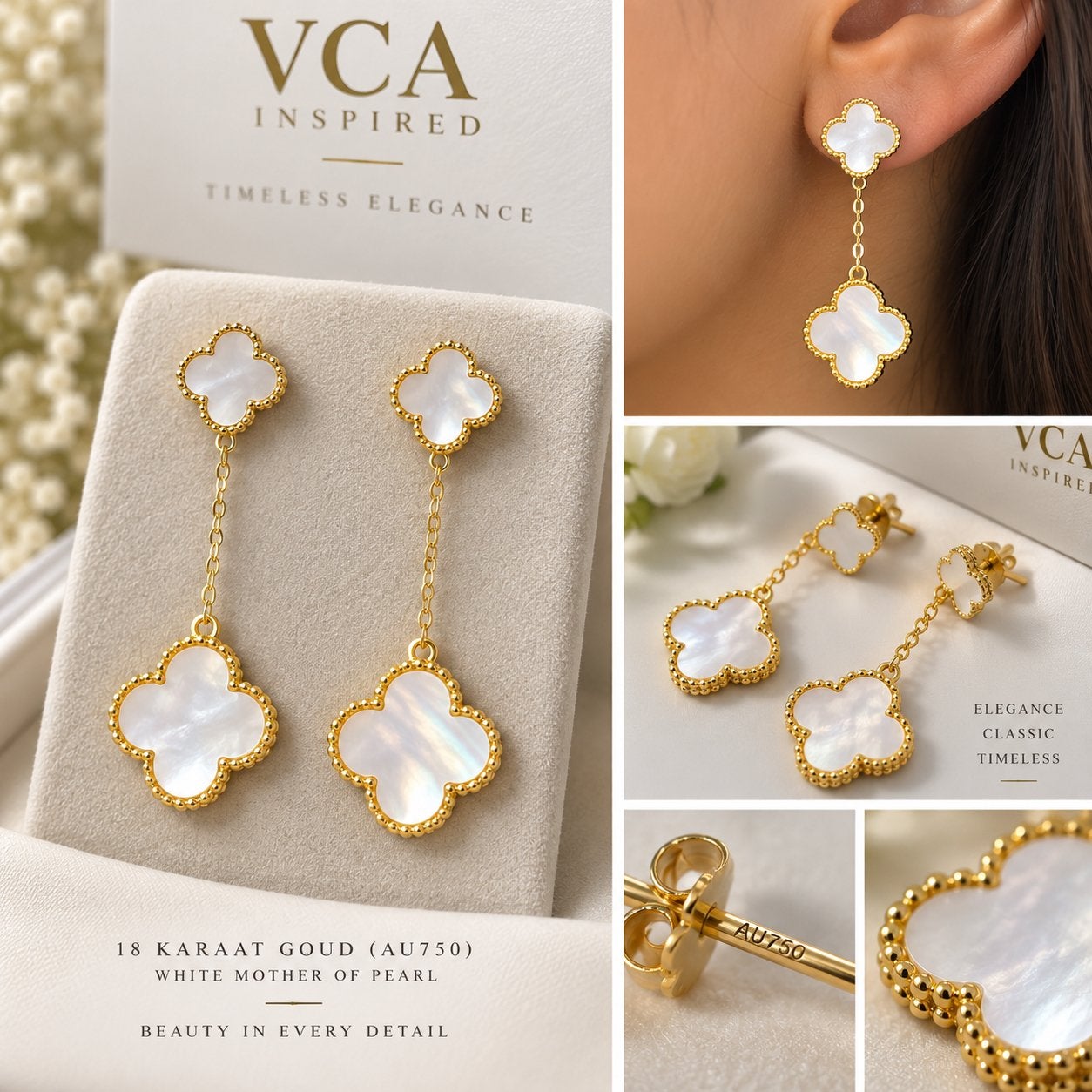 VCA Inspired Oorbellen 18K Goud Parelmoer Klaver Hangers, Sieraden, Tassen en Uiterlijk, Ophalen of Verzenden, Nieuw, Goud, Hangers