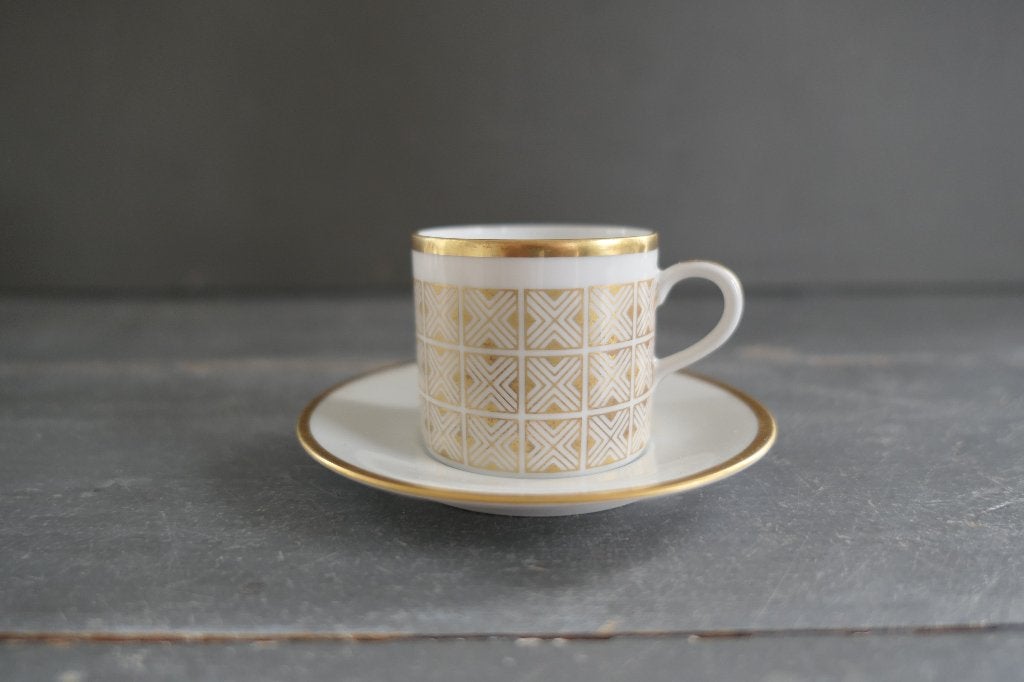Vintage Mosa espresso kop en schotel porselein wit goud, Verzenden, Zo goed als nieuw, Overige stijlen, Kop(pen) en/of Schotel(s)