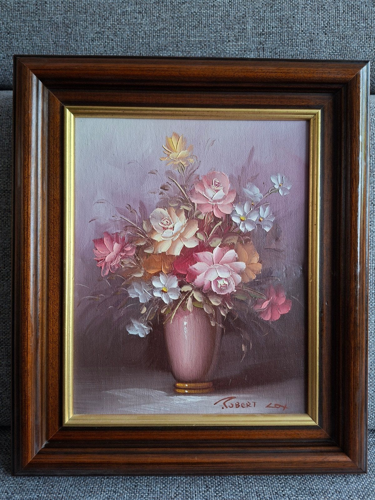 Schilderij bloemenvaas gesigneerd Robert Lox 29x34cm, Bloemen, Doek, Realistisch, Origineel werk