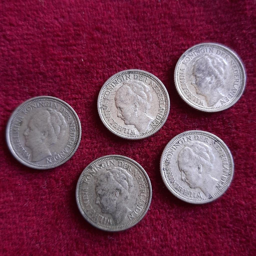 Vijf Zilveren Munten 10 Cent Kon. Wilhelmina 1935 t/m 1939, Verzenden, Koningin Wilhelmina, 10 cent