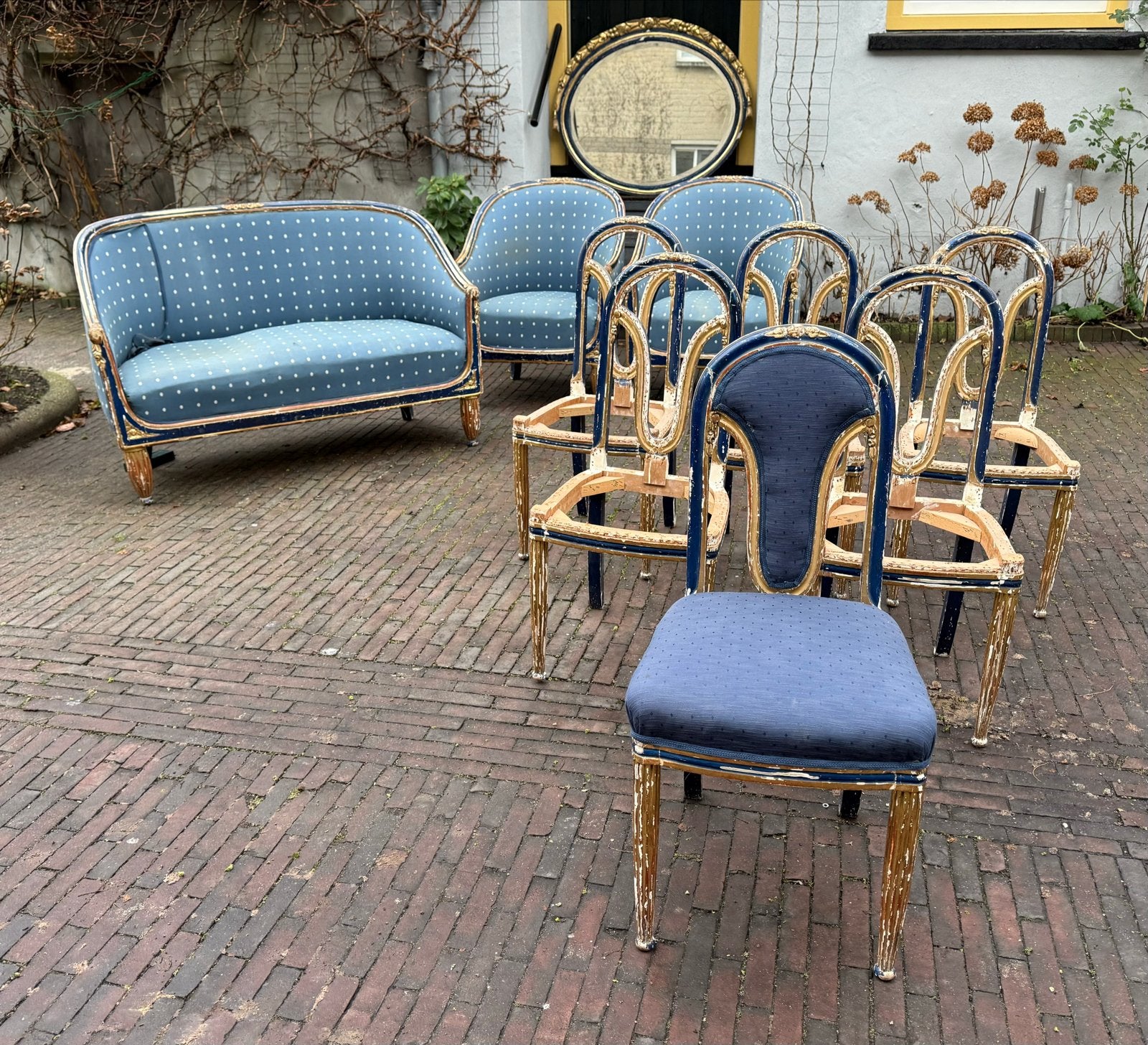 Antieke Franse salonset: bank, fauteuils en stoelen, Ophalen