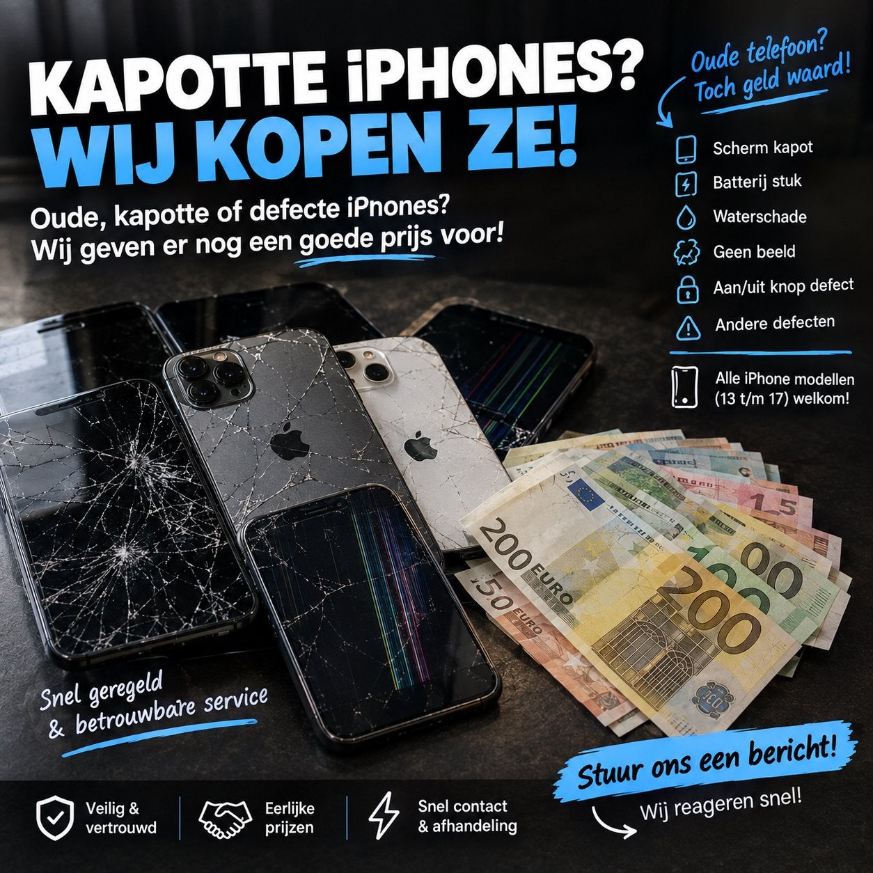 KAPOTTE iPHONE? WIJ KOPEN ZE!  DIRECT CASH/OVERSCHRIJVING