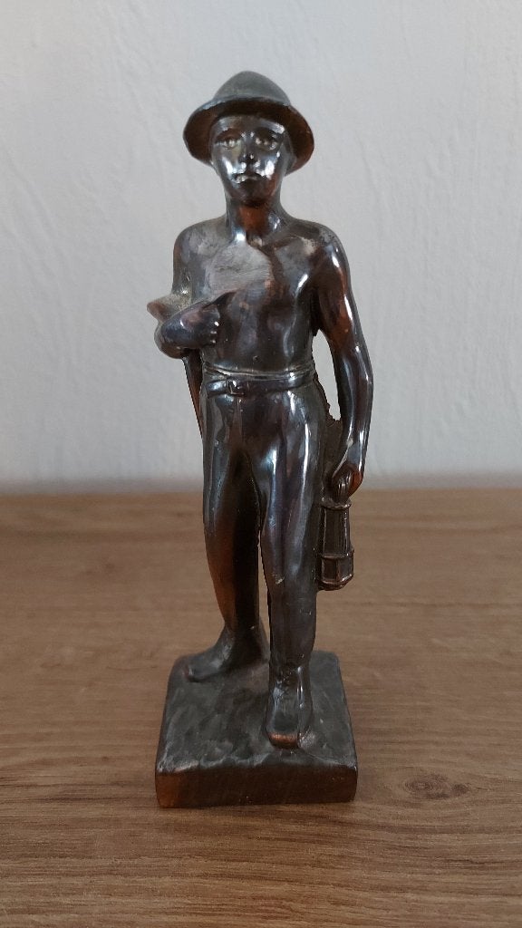 Vintage Mijnwerker Beeldje - 16cm Hoog - Gesigneerd R. Scall, Ophalen, Brons
