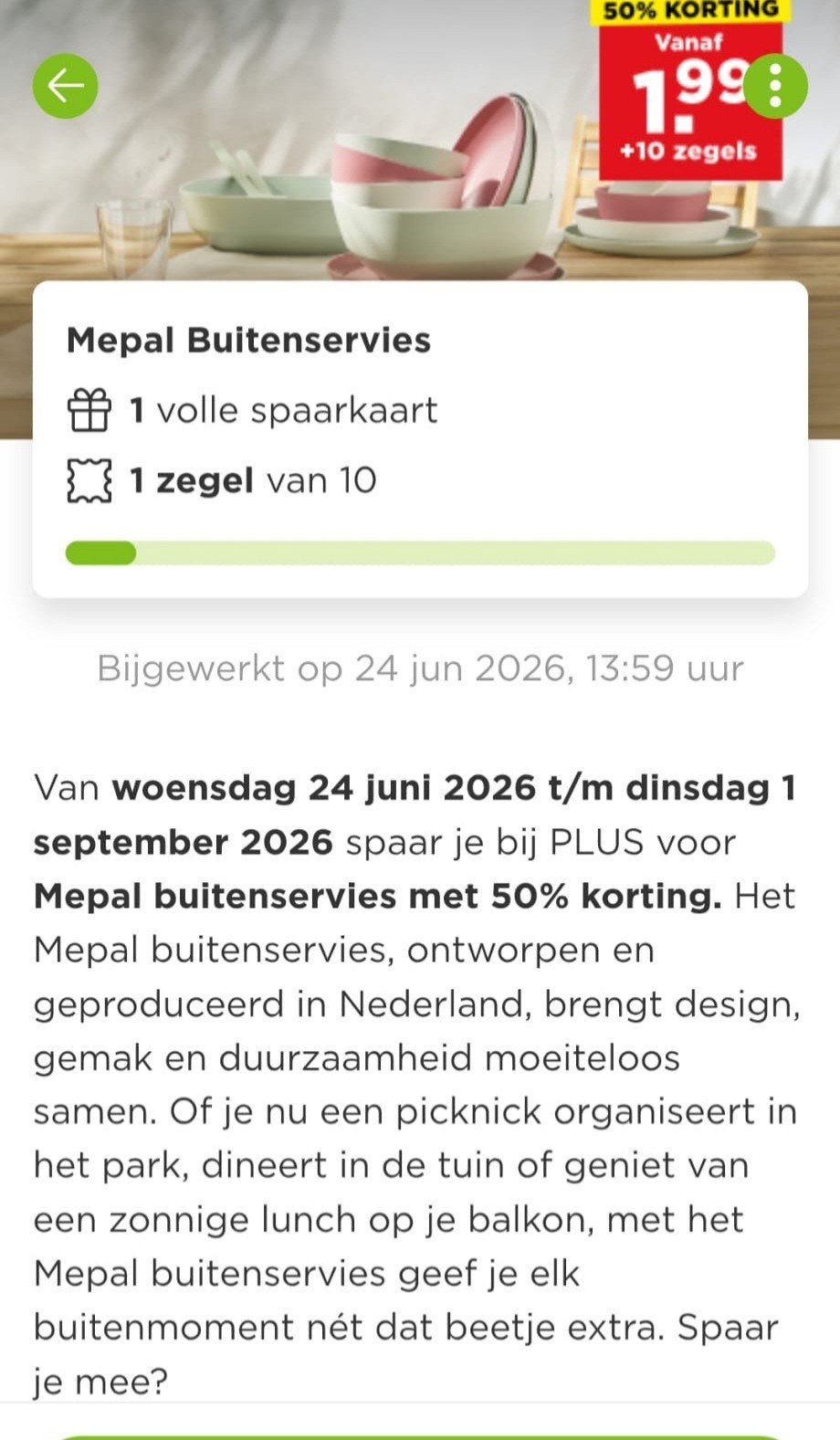 Plus 13 zegels voor 50% korting op Mepal Buitenservies., Verzamelen, Supermarktacties, Plus, Ophalen