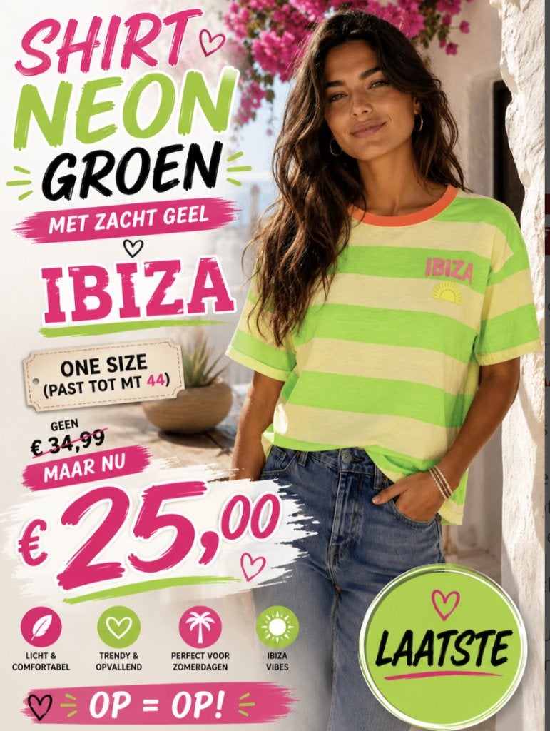 Tshirt Neon Groen met zacht geel gestreept IBIZA, Maat 38/40 (M), Nieuw, Ophalen of Verzenden, Korte mouw