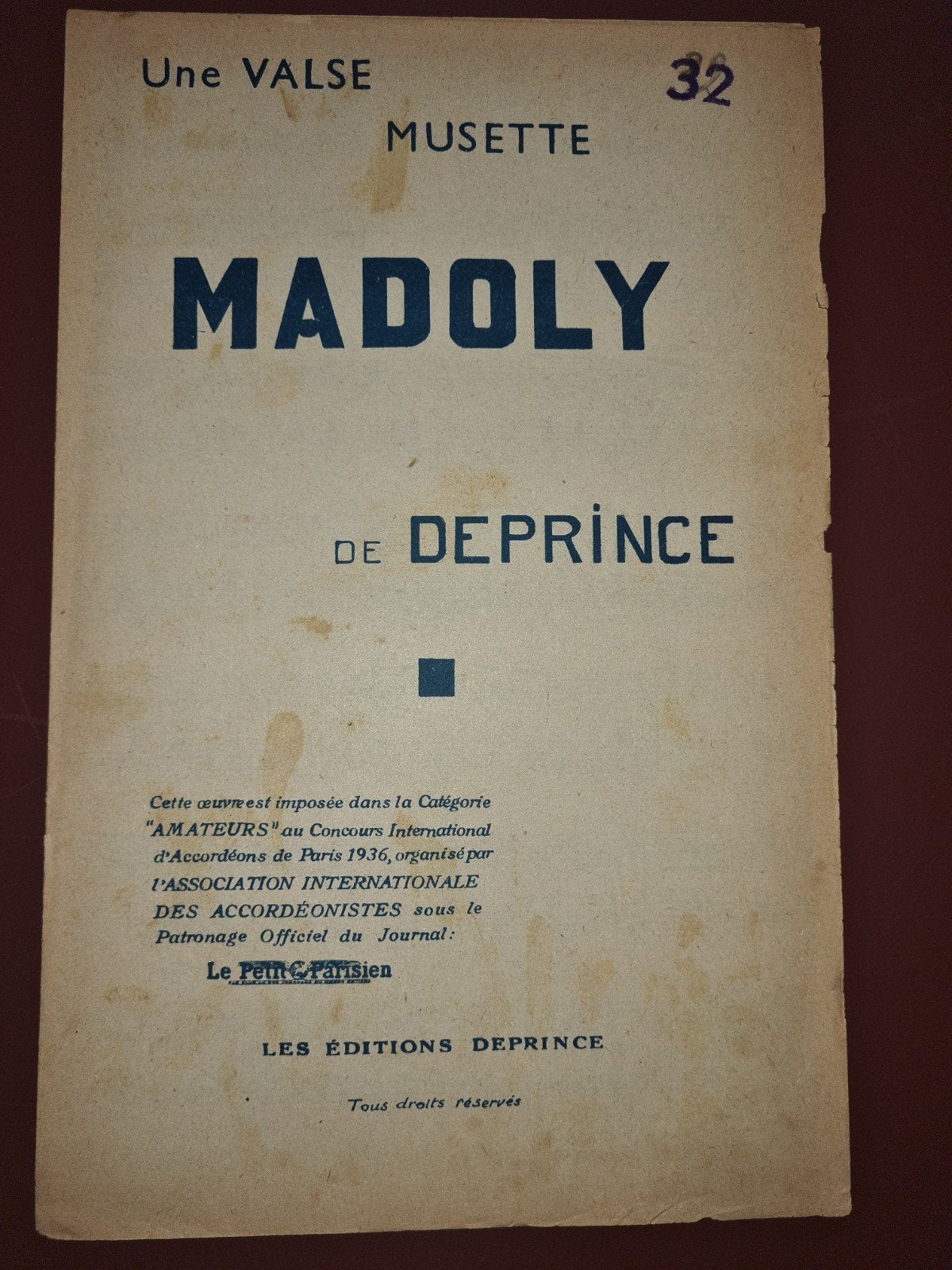 Muziekblad Madoly Valse Musette A. Deprince Accordeon, Muziek en Instrumenten, Gebruikt, Overige genres, Overige soorten, Ophalen of Verzenden