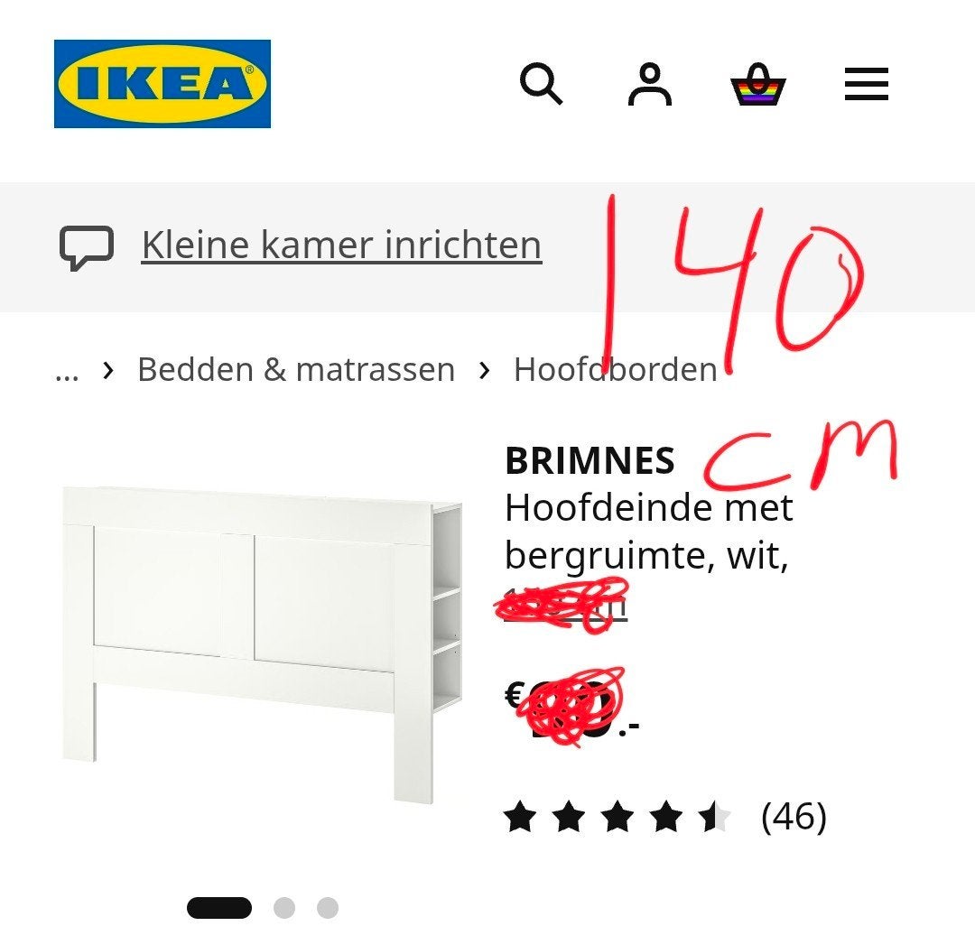 IKEA BRIMNES Hoofdeinde met bergruimte, wit, 140 cm, Ophalen, Gebruikt, Wit, Tweepersoons