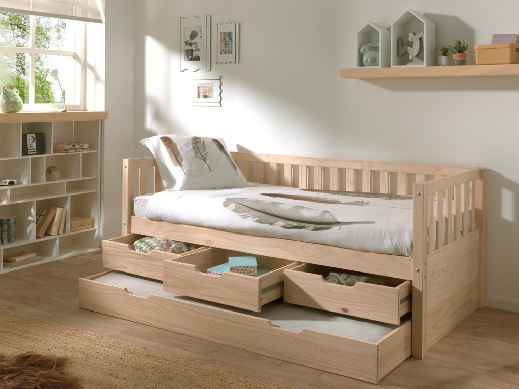 Fritz kajuitbed (met lades) - 90x200 - Naturel whitewash, Niet ingevuld, Niet ingevuld, Niet ingevuld