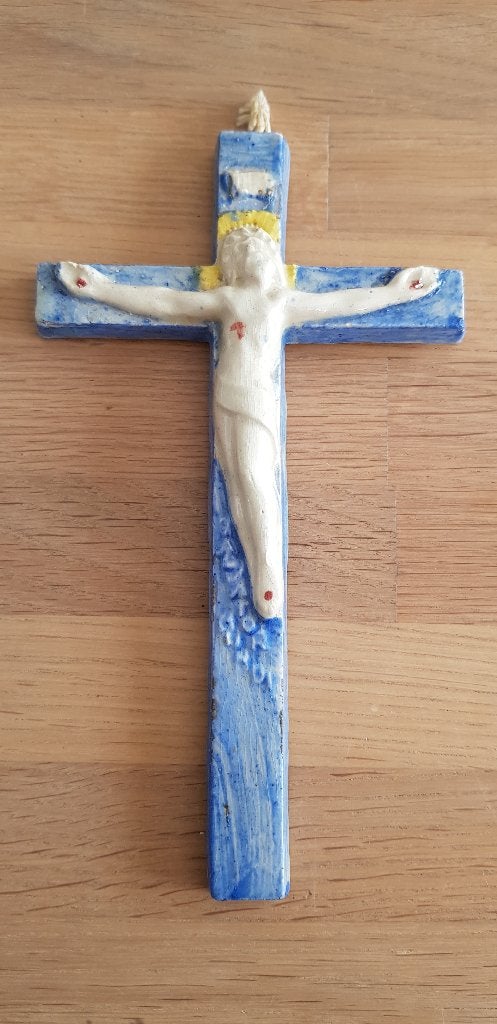Vintage keramisch kruisbeeld Jezus, Ophalen of Verzenden, Gebruikt, Overige typen, Christendom | Katholiek