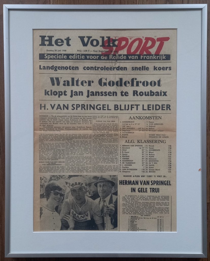 Tour de France 1968 Godefroot, Janssen van Springel in lijst, Ophalen of Verzenden, Zo goed als nieuw, Overige sporten, Poster, Plaatje of Sticker