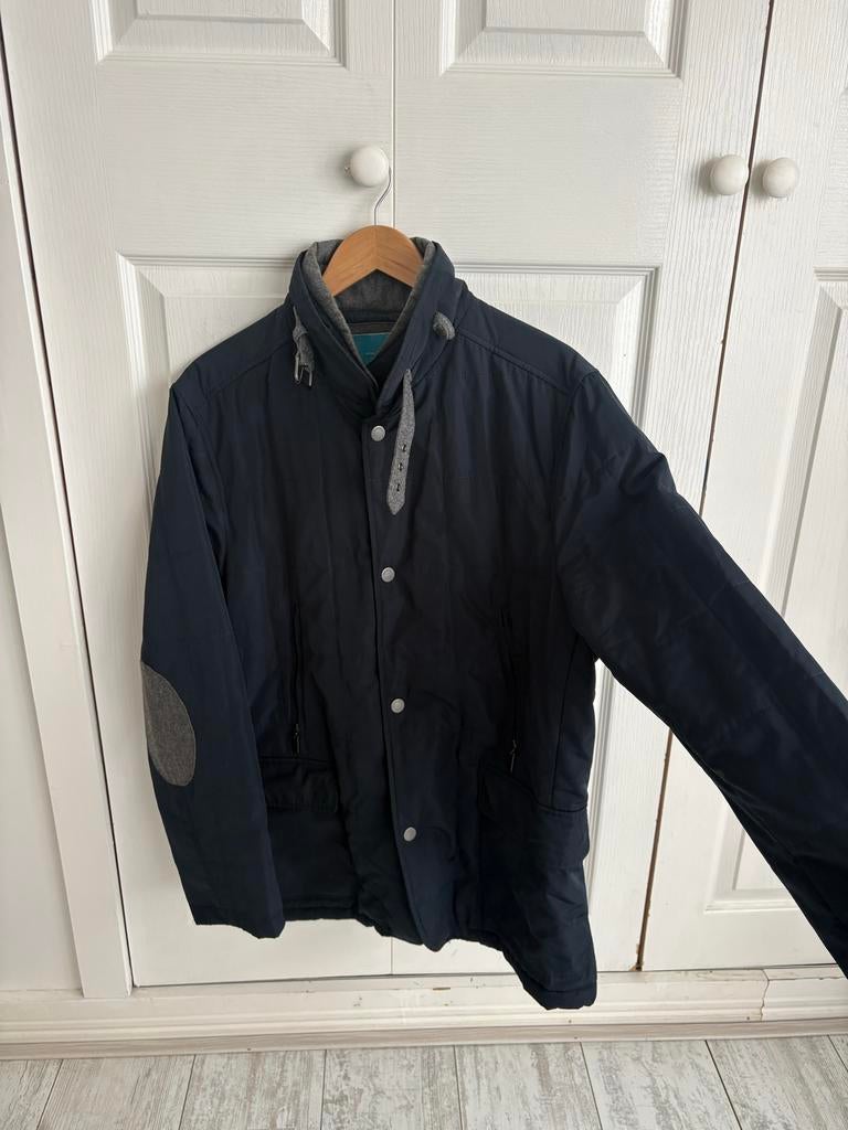 Donkerblauwe herenjas met elleboogstukken British Indigo Ams, Verzenden, Zo goed als nieuw, Maat 52/54 (L), Blauw