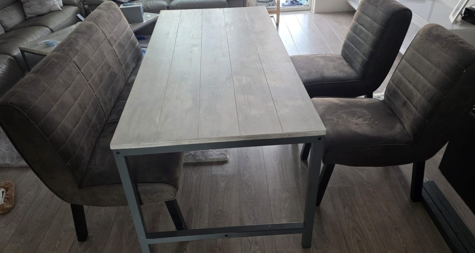Robuuste eettafel met metalen onderstel ( alleen de tafel), Gebruikt, 100 tot 150 cm, Industrieel, Modern, 50 tot 100 cm