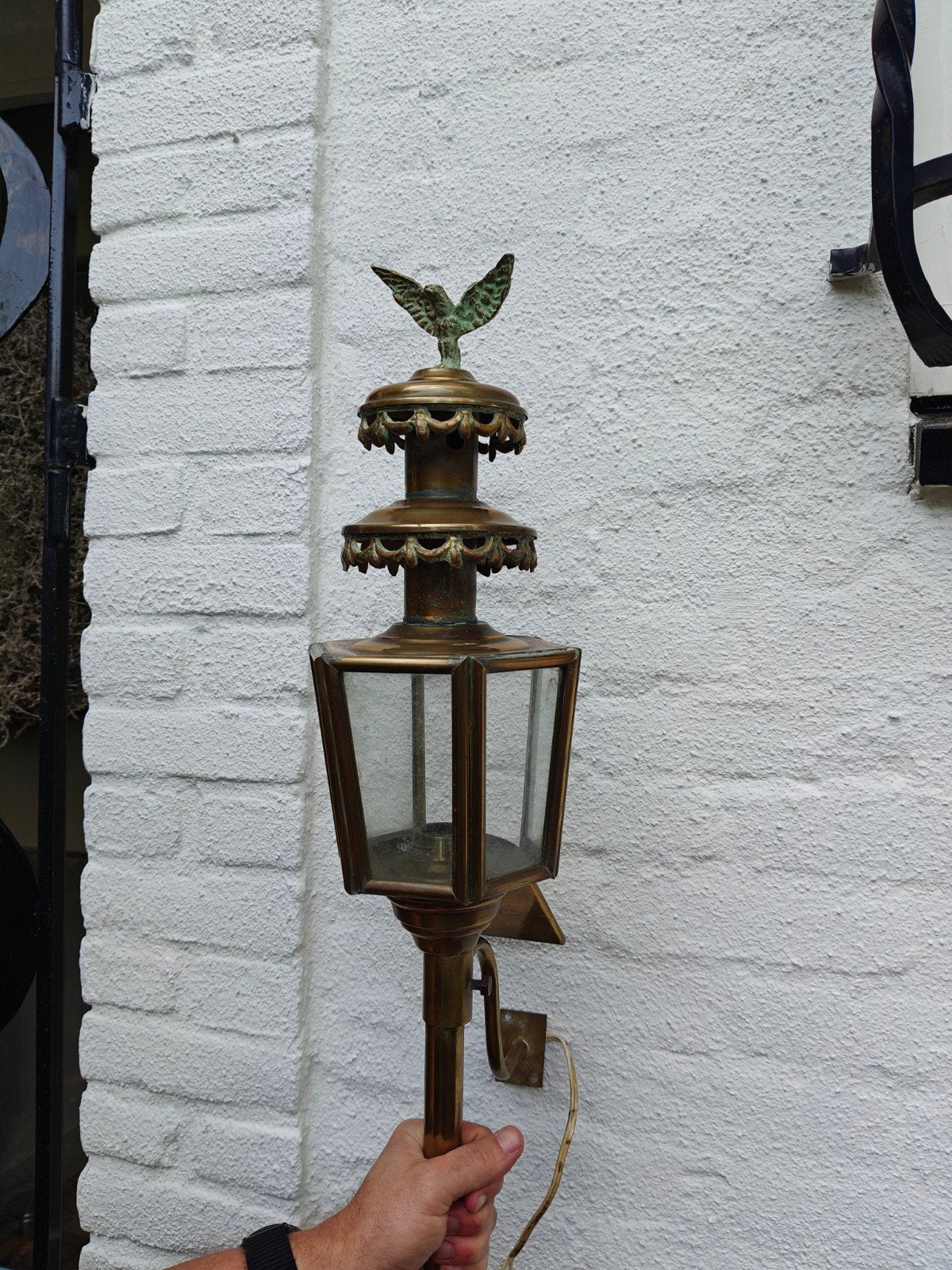 Vintage Messing Koetslamp omgebouwd tot Wandlamp met Adelaar, Ophalen