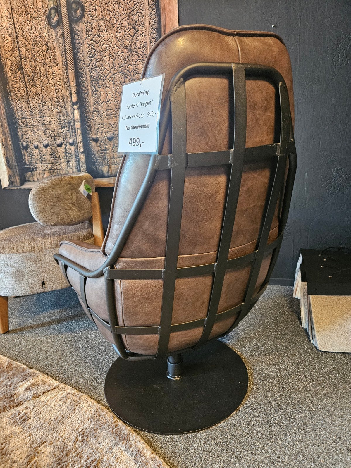 Fauteuil JURGEN bruin leer industrieel frame opruiming, Huis en Inrichting, Verzenden, Nieuw, 75 tot 100 cm, Leer