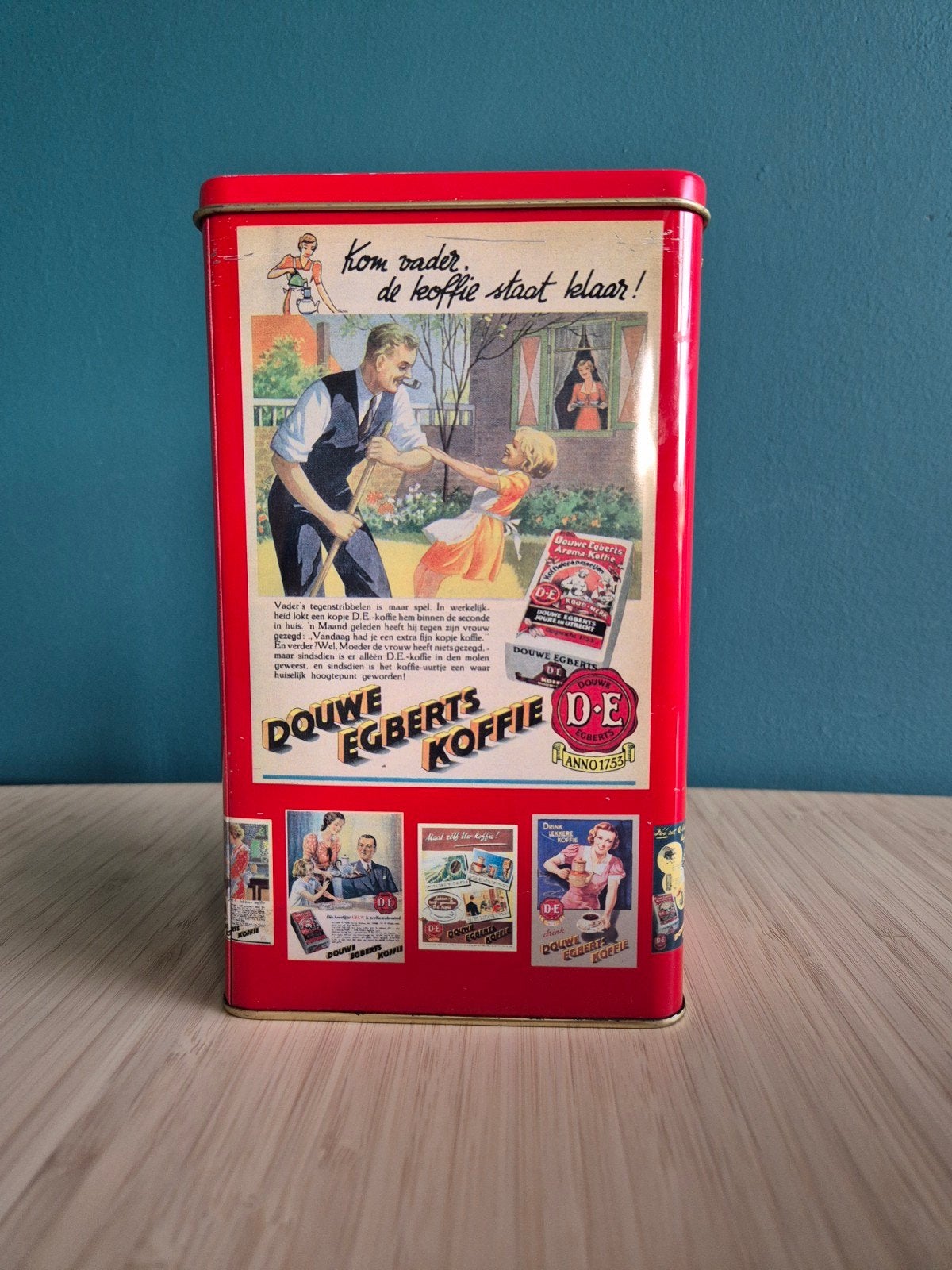 Douwe Egberts koffieblik met oude reclame-afbeeldingen, Ophalen of Verzenden, Gebruikt, Koffie, Douwe Egberts