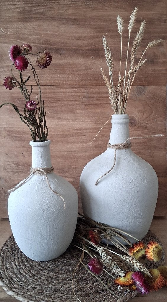 Stoere landelijke kruikvazen beige | Set hand bewerkt, Overige kleuren, Ophalen of Verzenden, Minder dan 50 cm, Glas