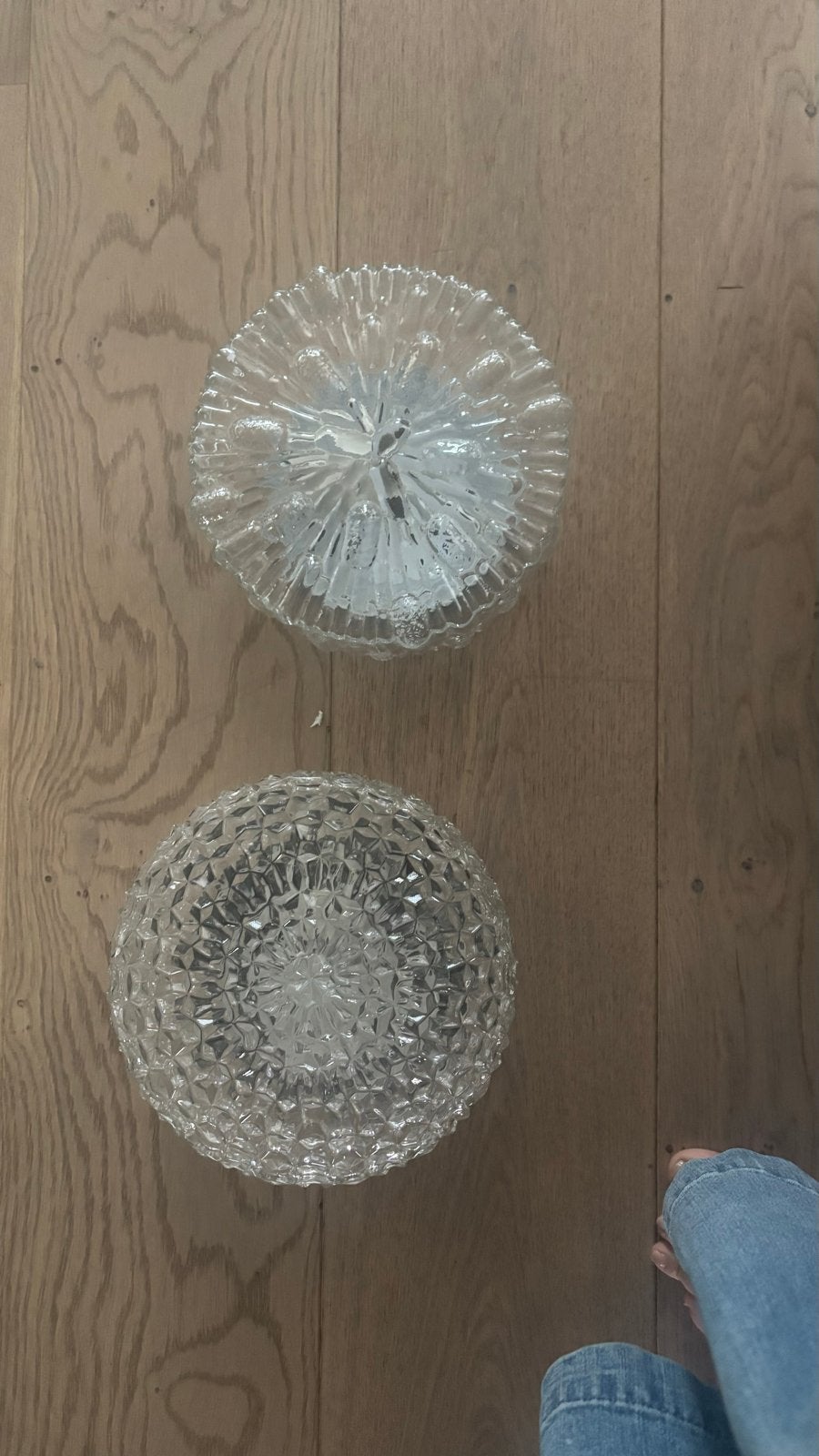 Set van 2 vintage glazen plafondlampen, Huis en Inrichting, Lampen | Overige, Gebruikt, Overige merken, Wit, Glas, Vintage, Ophalen of Verzenden