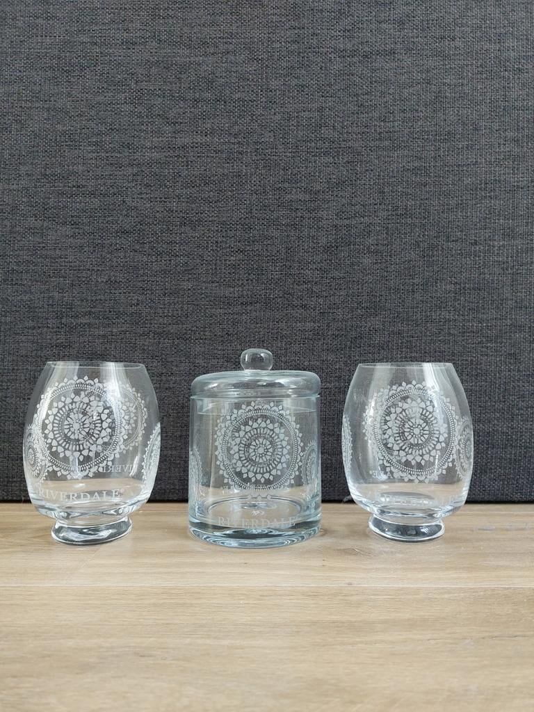 2 Riverdale vazen en 1 Riverdale pot, Huis en Inrichting, Ophalen, Overige kleuren, Minder dan 50 cm, Glas