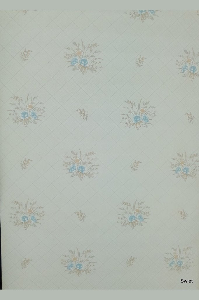 14034 Origineel oud vintage behang bloemen ruit swiet, Ophalen of Verzenden, Minder dan 10 m², Blauw