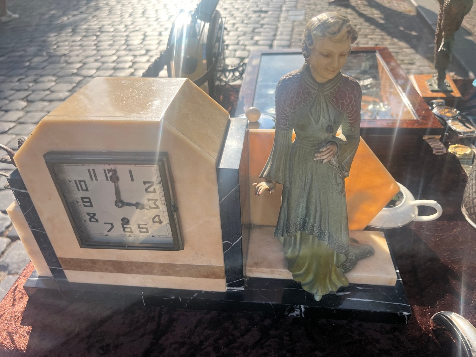 Art Deco Marmeren Klok met Beeldje - Vintage, Verzenden