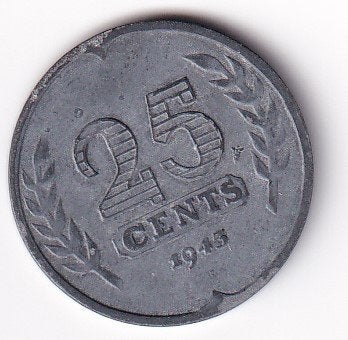 25 Cent 1943  Fraai   zink, Verzenden, Koningin Wilhelmina, 25 cent, Losse munt