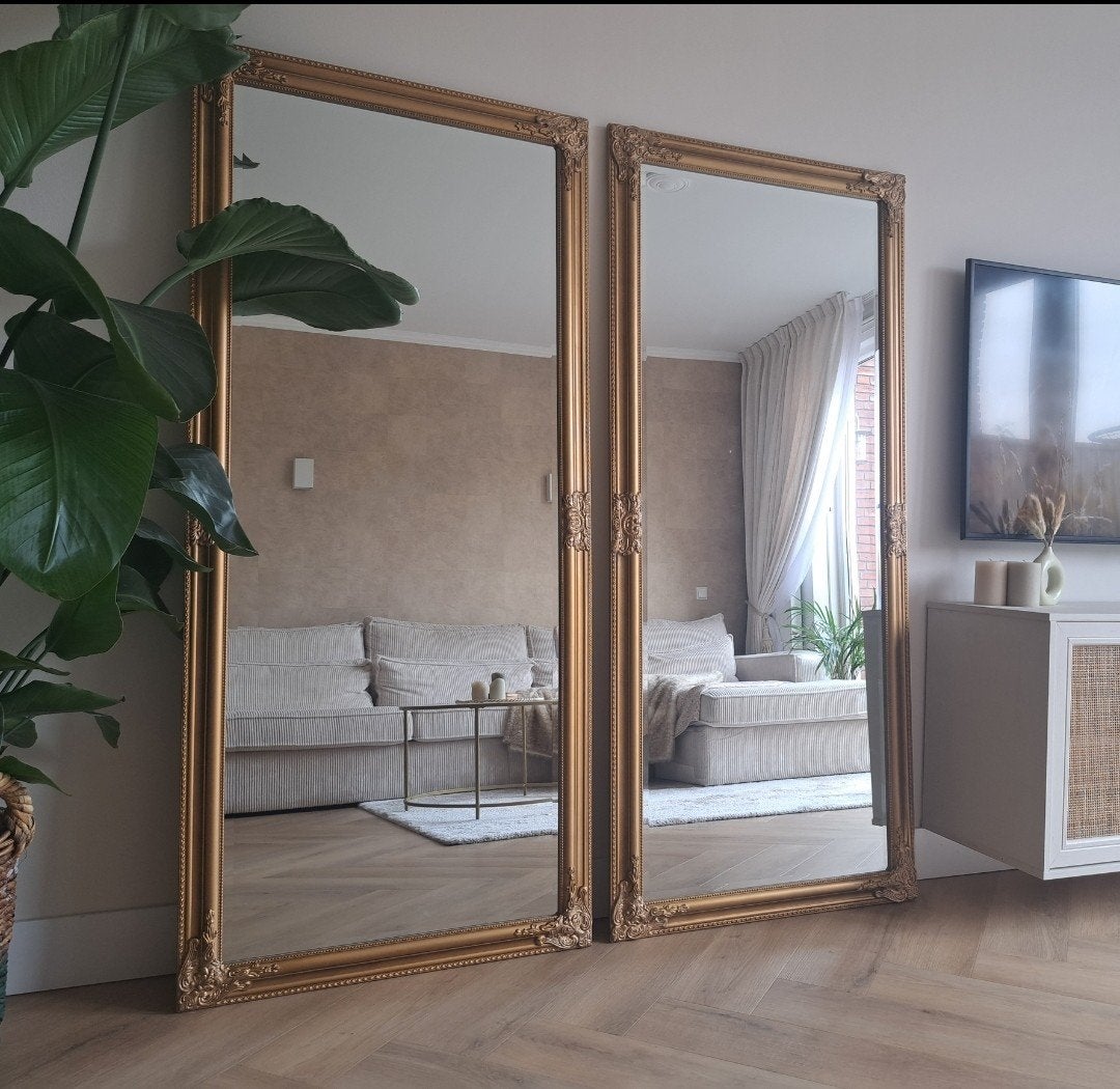 2 grote goudbronze antieklook spiegels met facet, Huis en Inrichting, Ophalen of Verzenden, Rechthoekig