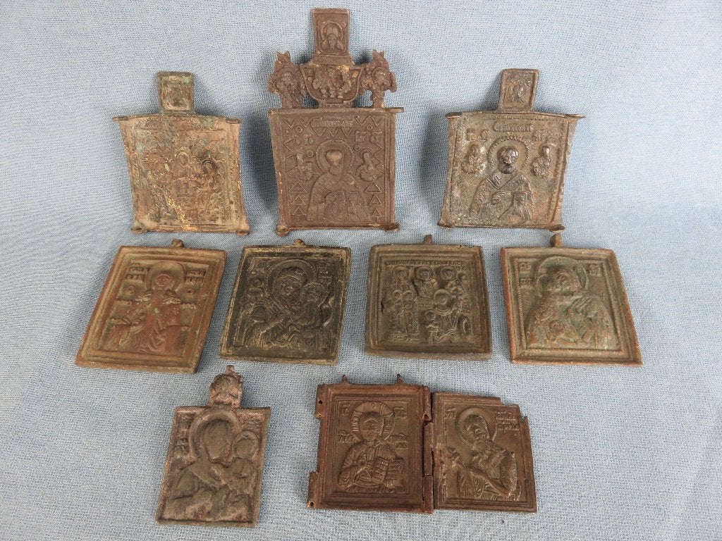Rusland - Collectie iconen van brons - 19e - 20e eeuw, Antiek en Kunst, Antiek | Religie, Ophalen of Verzenden