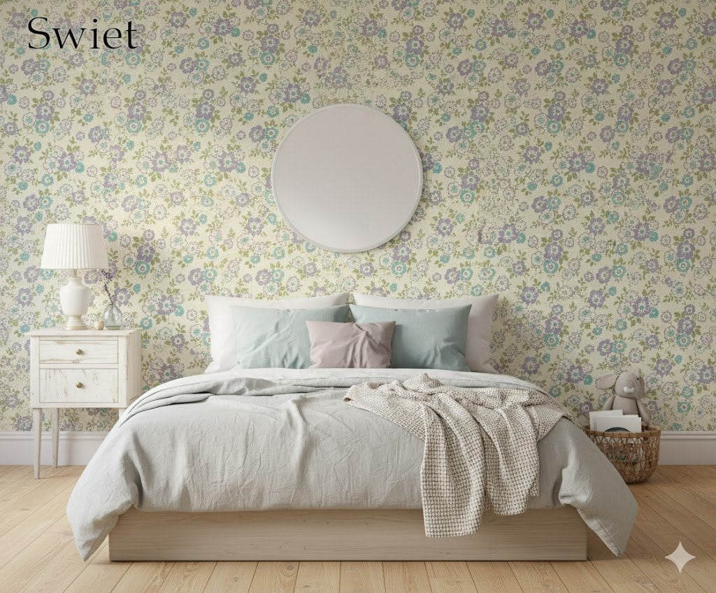 7075 licht vintage bloemenbehang met blauw en groen swiet, Ophalen of Verzenden, Groen