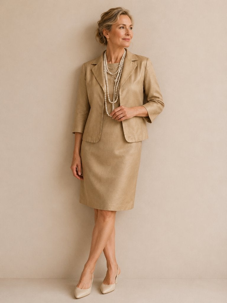 Max Mara Gouden Jurk Blazer Set Quiet Luxury Old Money EU 38, Maat 38/40 (M), Kostuum of Pak, Verzenden, Beige