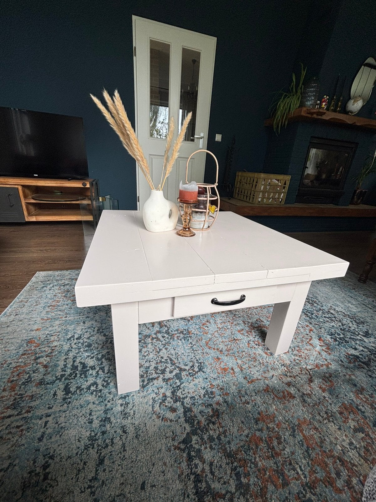 Handgemaakte houten salontafel - cocoa cream, Ophalen, Gebruikt, 50 tot 100 cm, Robuust modern