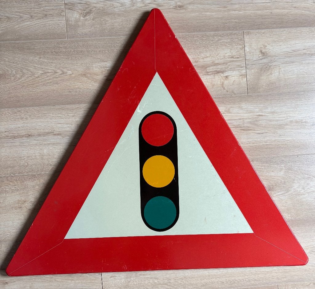 Verkeersbord nadering verkeerslichten,  87 x 87 x 87 cm, Verzamelen, Ophalen, Gebruikt, Overige typen