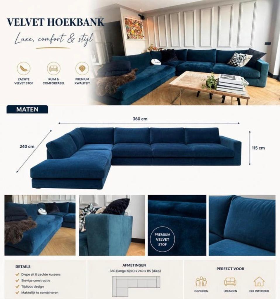 Doe een leuk bod!  blauwe hoekbank - comfortabel en modern, Ophalen, 100 tot 125 cm, Hoekbank, 300 cm of meer