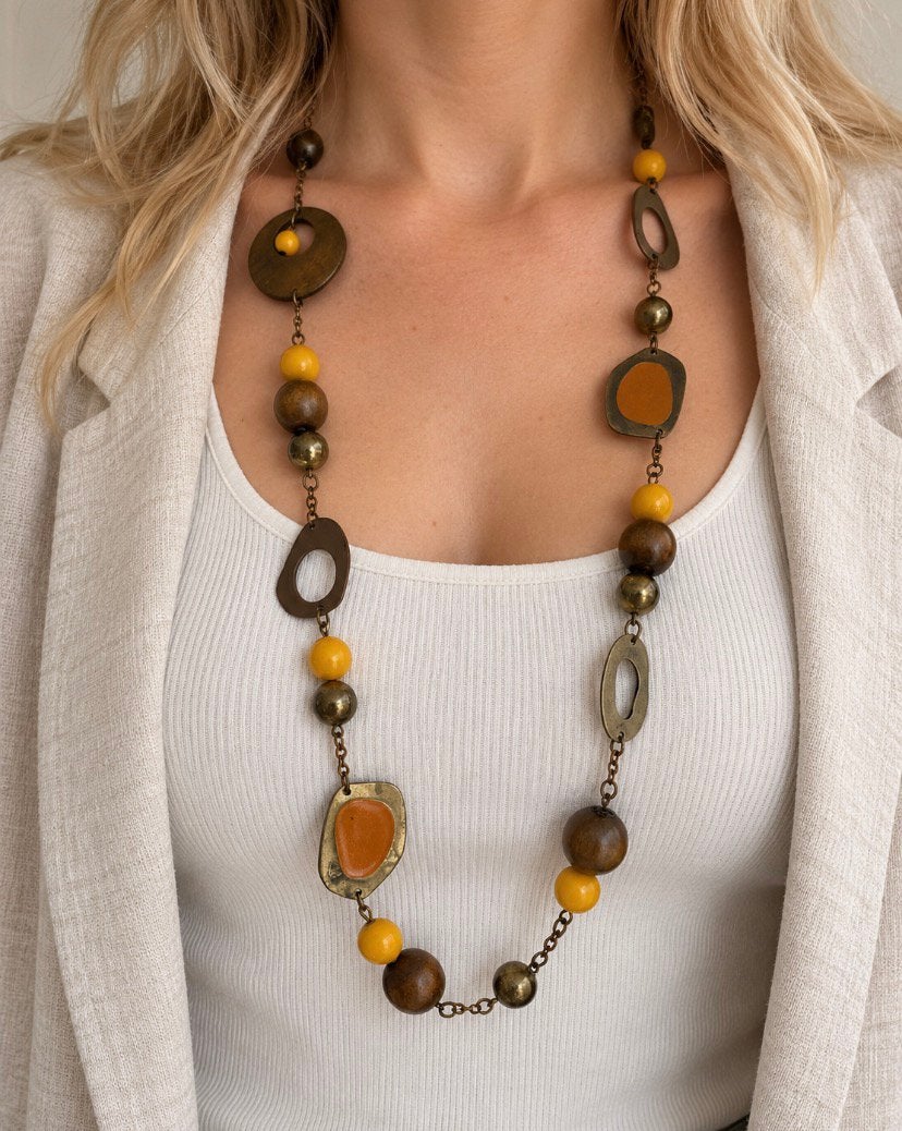 Vintage statement ketting – hout, brons & geëmailleerd, Sieraden, Tassen en Uiterlijk, Ophalen of Verzenden, Zo goed als nieuw