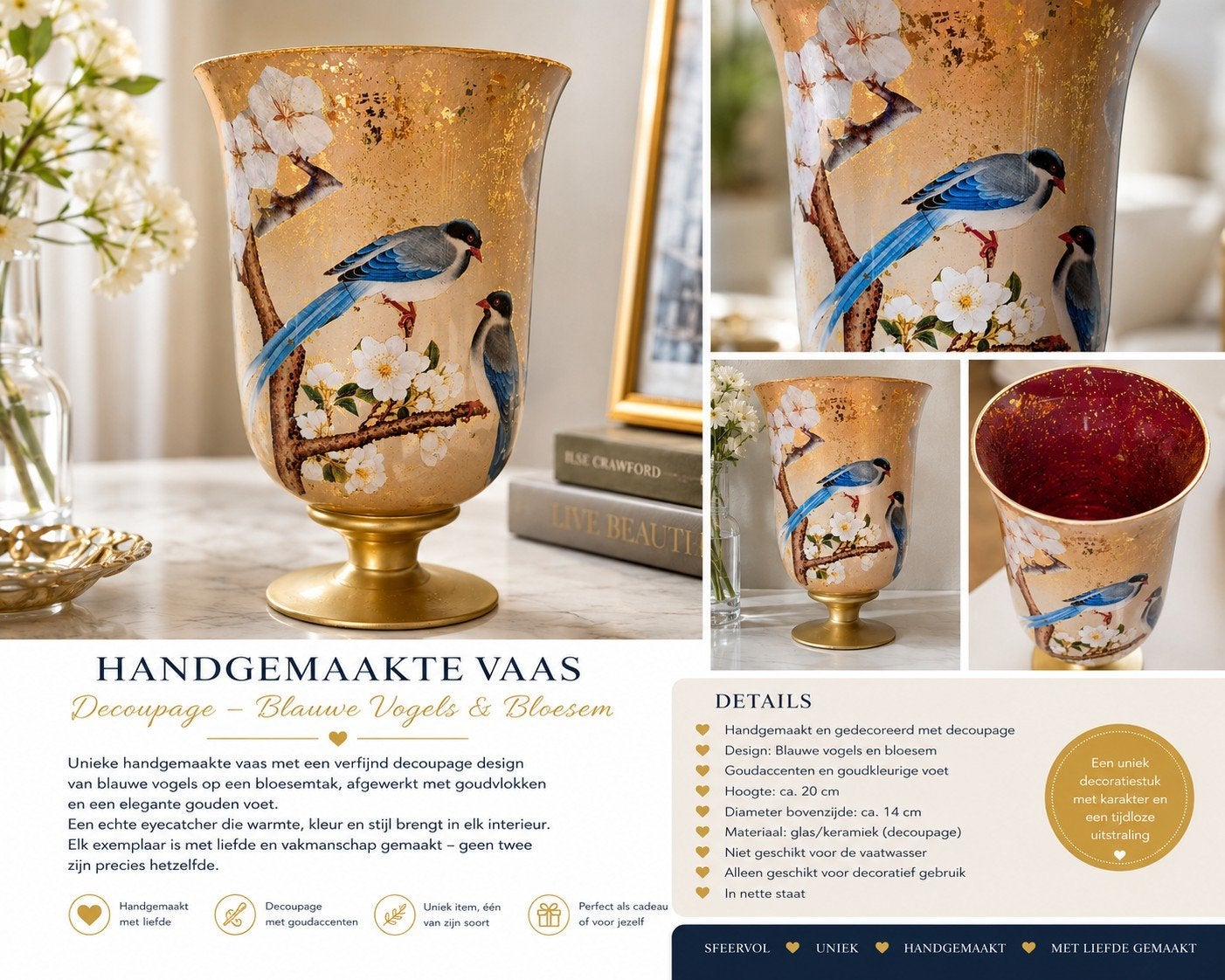 Decoratieve vaas met vogels en bloesem, Huis en Inrichting, Ophalen, Goud, Glas, 23 cm