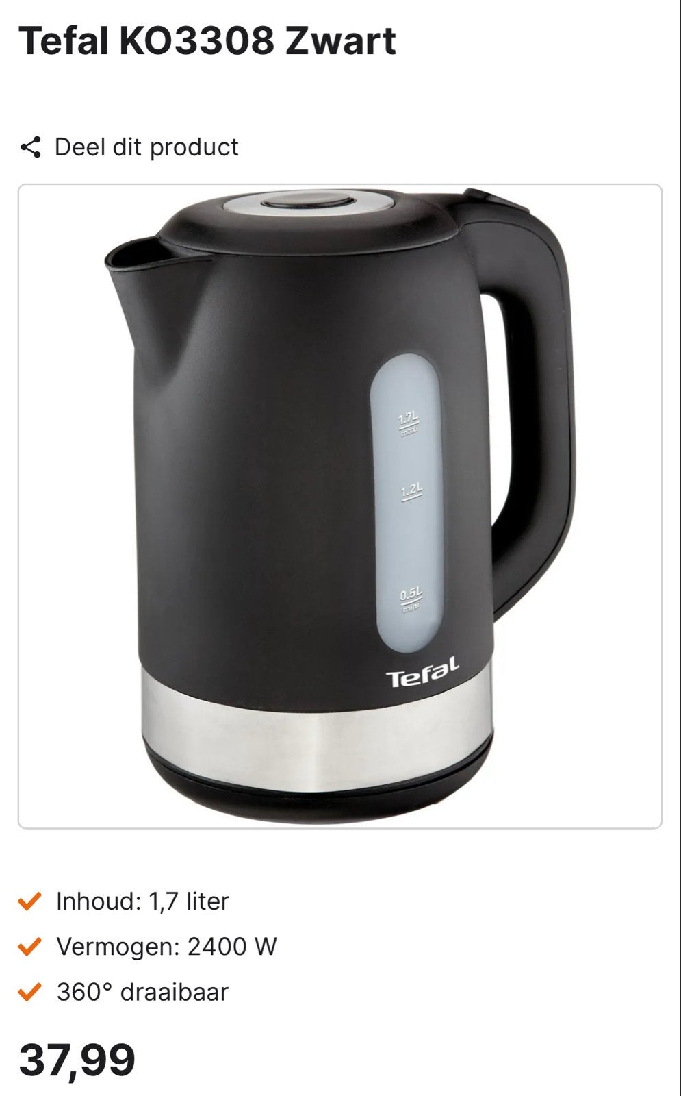 Tefal KO3308 Zwart Waterkoker - 1.7L, 2400W, 1 tot 2 liter, Ophalen of Verzenden, Gebruikt, Draadloos