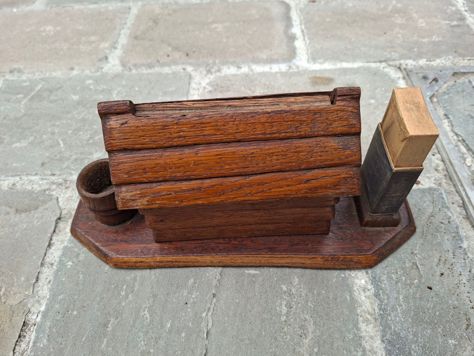 Vintage houten sigaretten- en luciferhouder, Ophalen of Verzenden, Gebruikt, Tabaksdoos of Verpakking