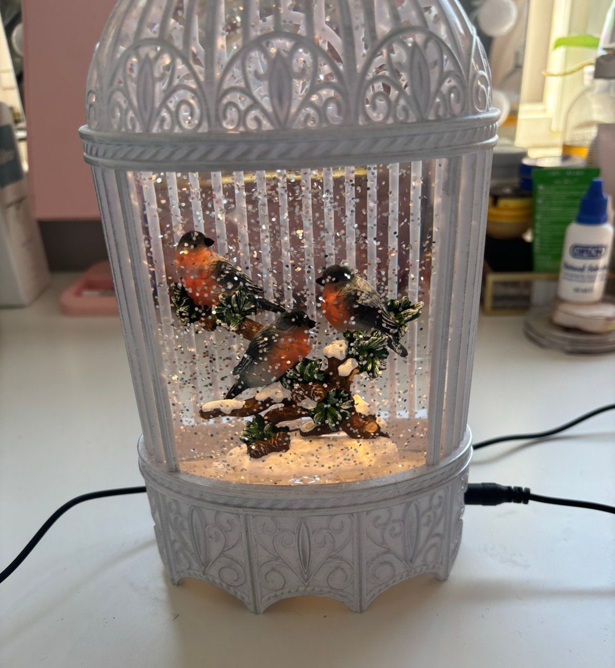 Kontsmide sneeuwlantaarn vogels glitter wit karwei, Overige materialen, Overige merken, 25 cm, Nieuw