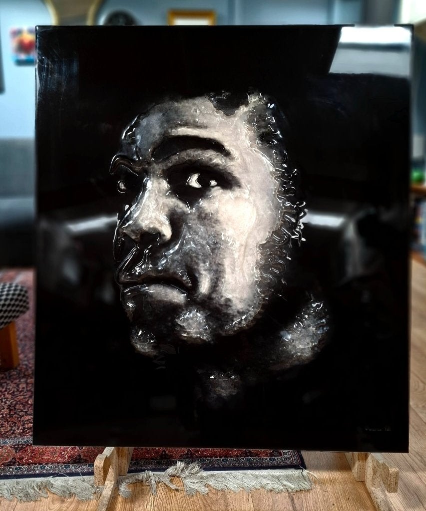 UNIEK zwart-wit Muhammad Ali portret in 3D glas van 90x80cm, Oorspronkelijke maker, Ophalen of Verzenden, Zo goed als nieuw, Schilderij
