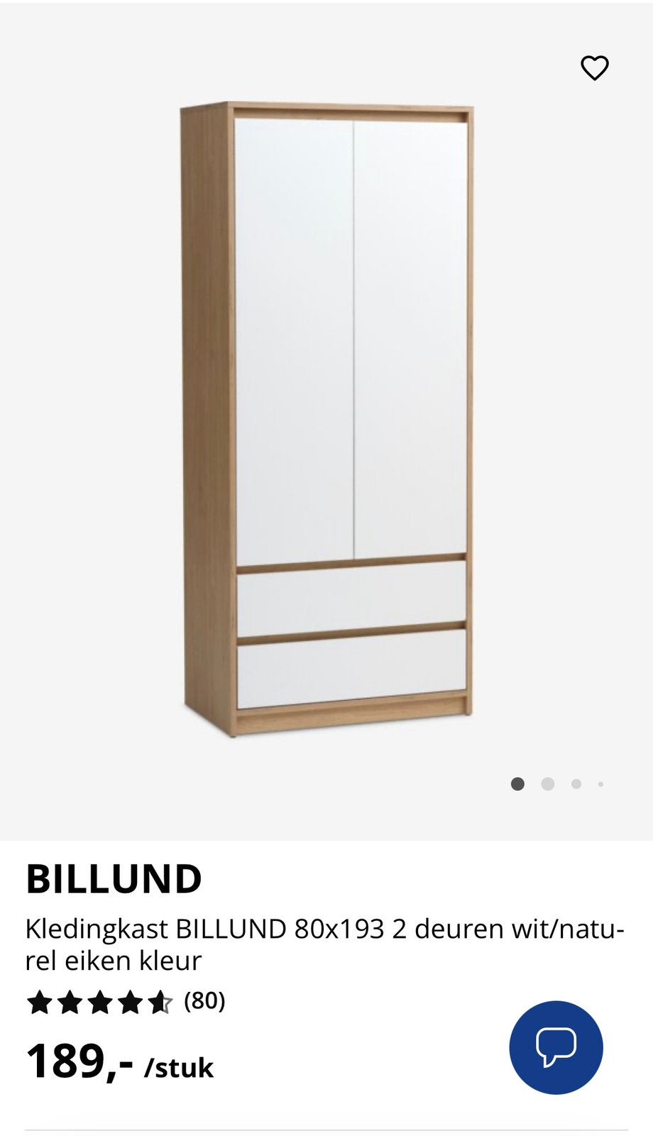 Kledingkast billund 80x 193, Ophalen, 50 tot 100 cm, Zo goed als nieuw, Met lade(s)