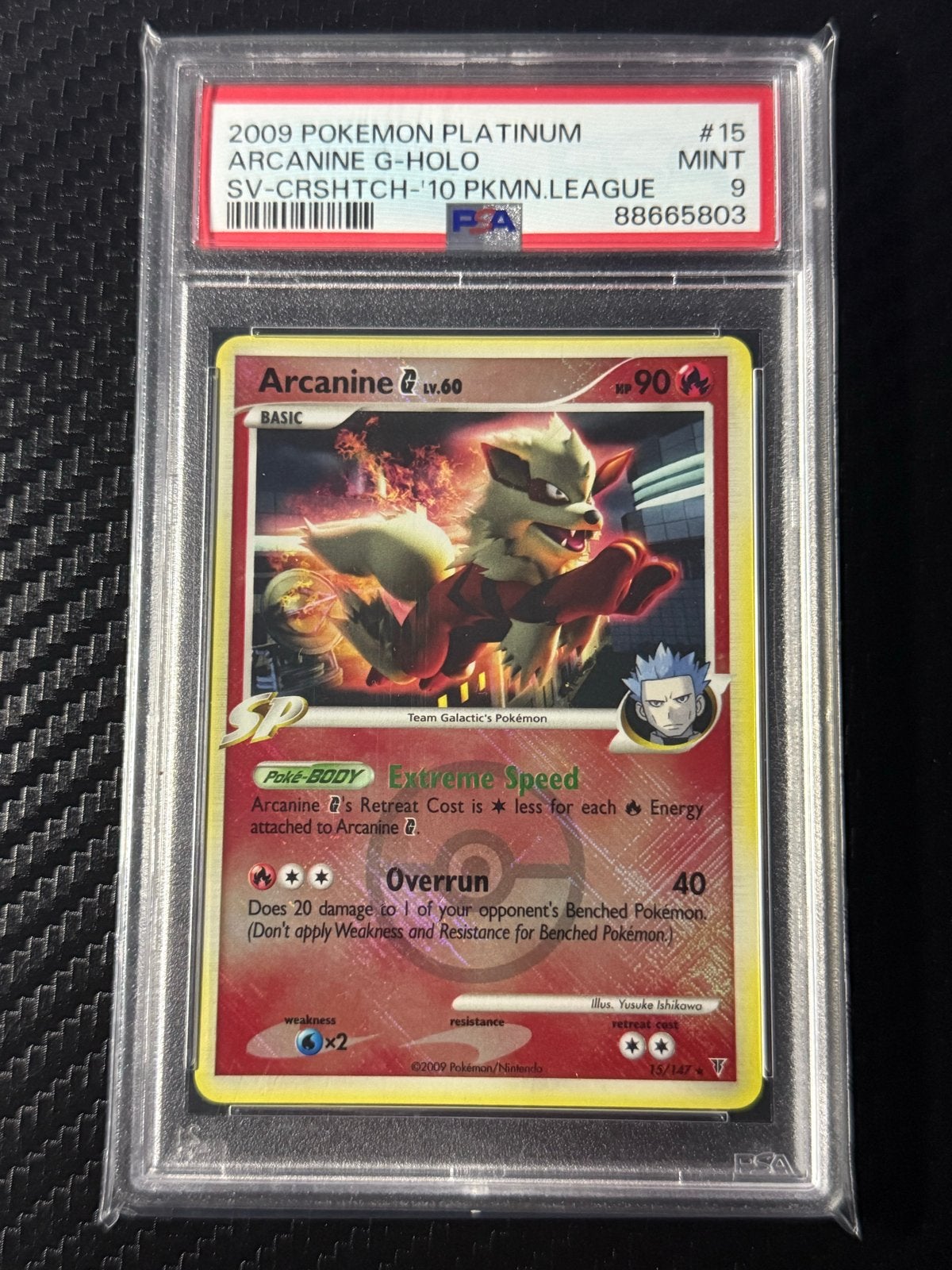 2009 Pokémon Platinum Arcanine G-Holo PSA 9 Mint, Ophalen of Verzenden, Zo goed als nieuw, Losse kaart