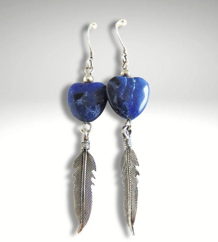 Mooie 925 zilveren LAPIS LAZULI hart en veer oorbellen!, Hangers, Verzenden, Zo goed als nieuw, X