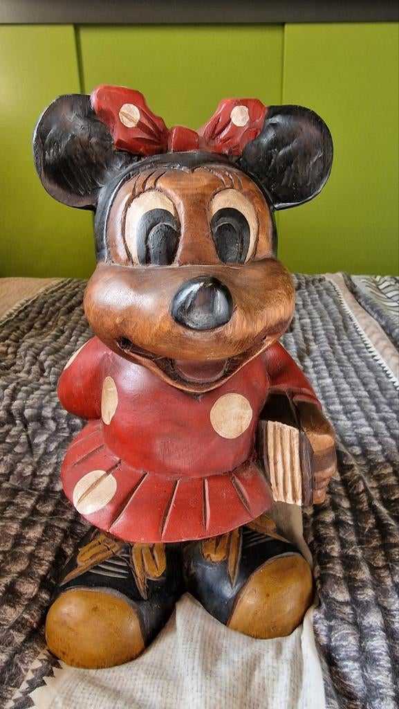 Vintage houten Minnie Mouse beeldje, Ophalen of Verzenden, Mickey Mouse, Gebruikt, Beeldje of Figuurtje