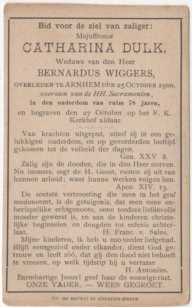 Catharina Dulk 1822 Arnhem - 1900 Arnhem, 78 jaar oud, Verzamelen, Bidprentjes en Rouwkaarten, Verzenden