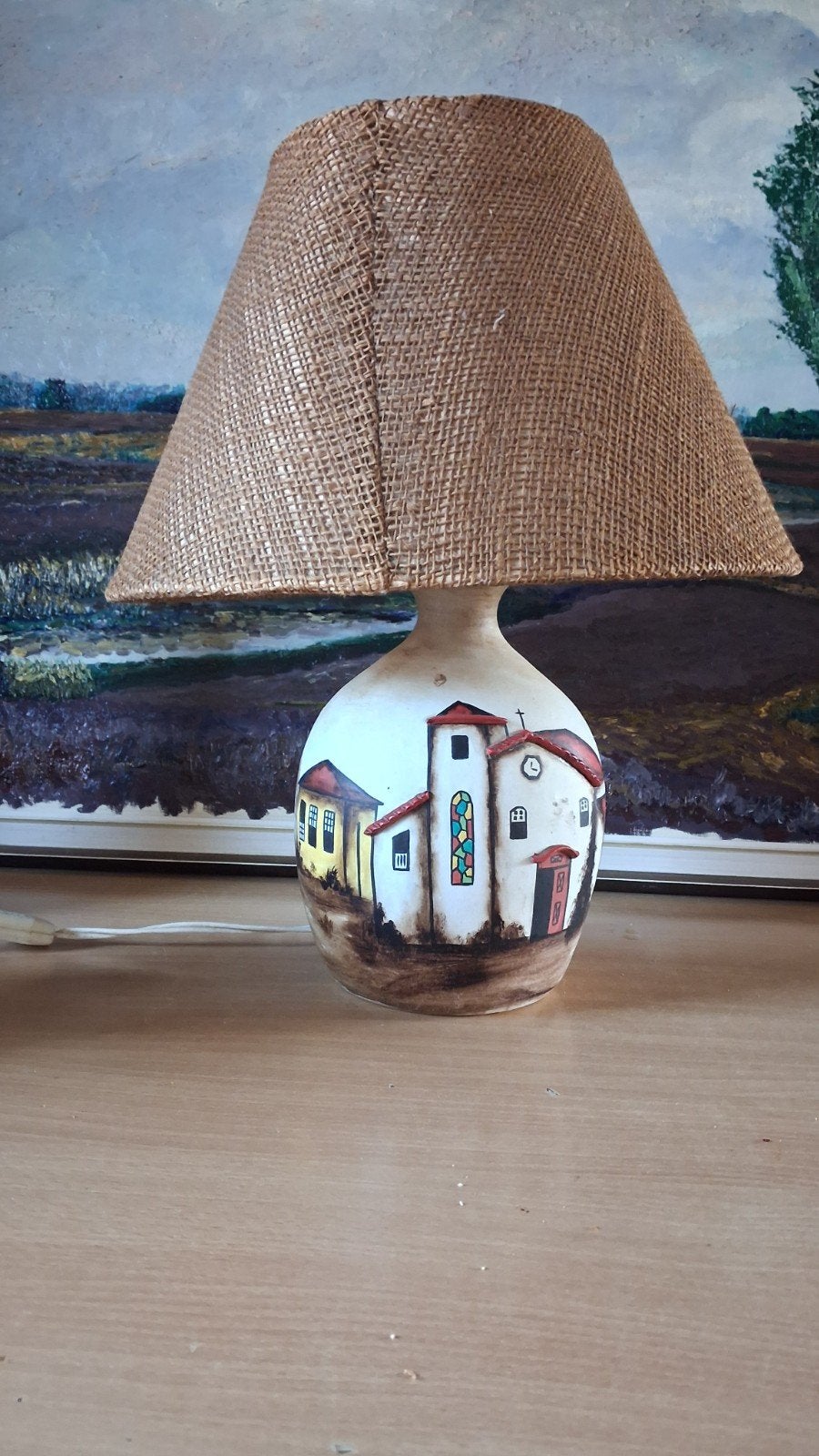 Tafellamp. Keramiek.  Handpainted. Sign. Vintage.  44 cm., Ophalen, Zo goed als nieuw, Overige materialen