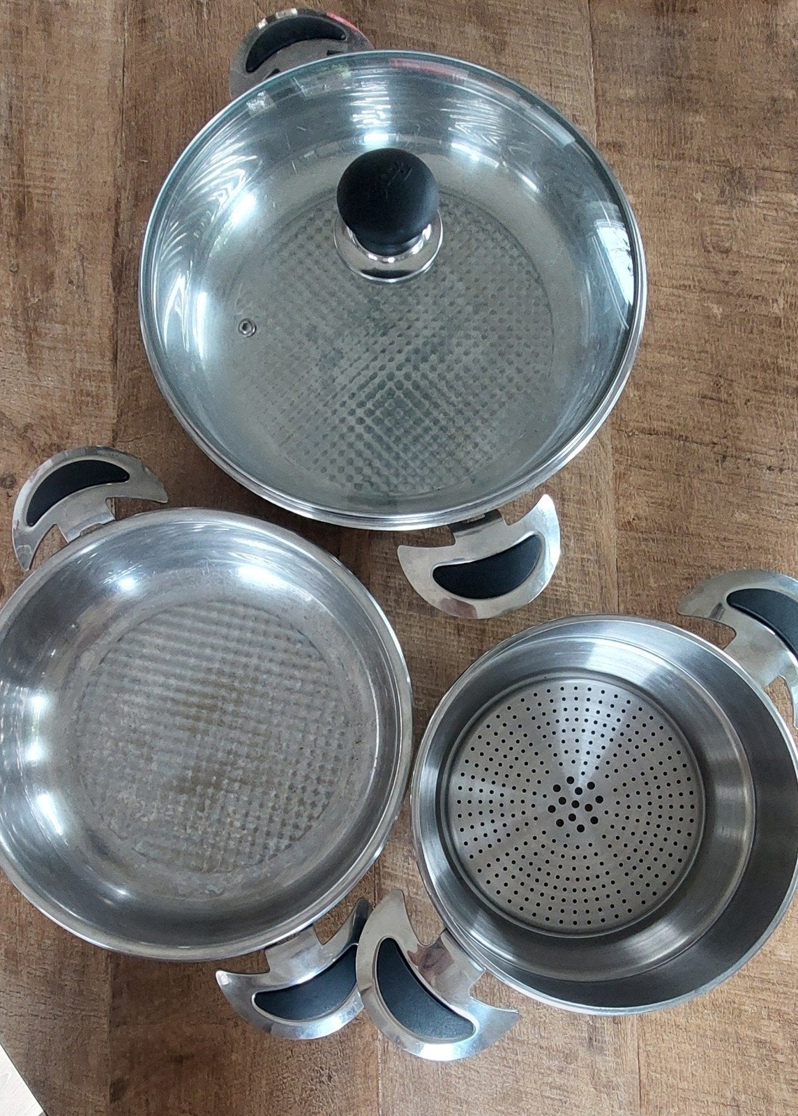 Fissler pannenset - 2 pannen met deksel en stoominzet, Gebruikt, Met deksel, Pannenset, Ophalen of Verzenden