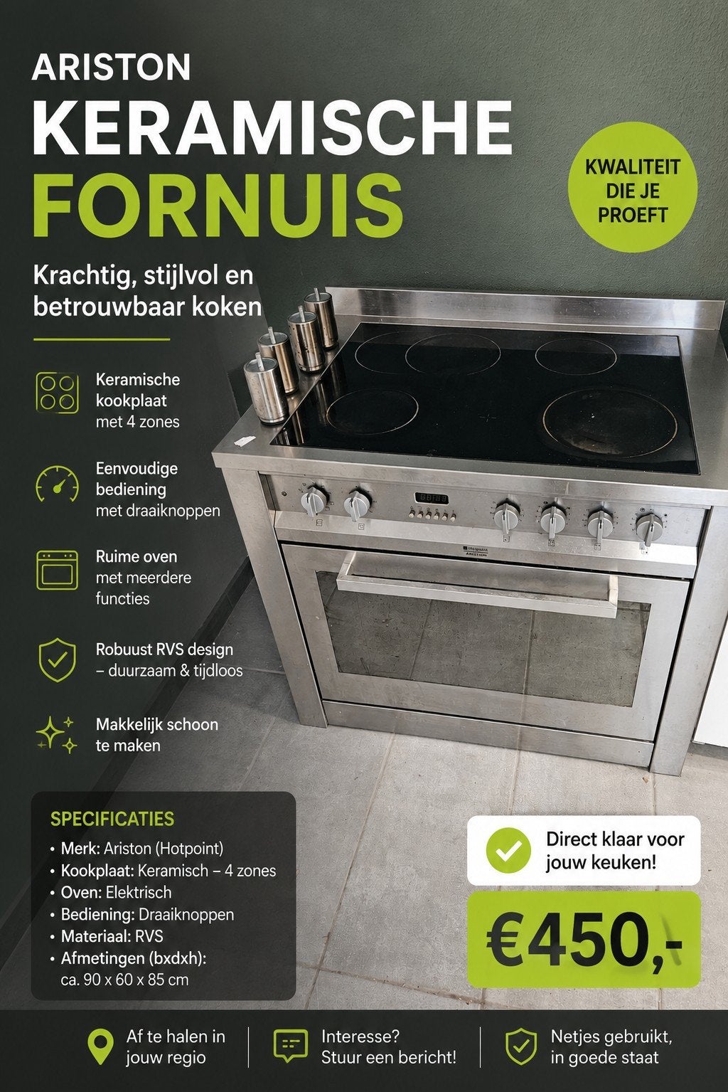 Ariston Keramische Fornuis met Oven - RVS Design 2 of 3 fase, Gebruikt, Onbekend, Onbekend, Vrijstaand